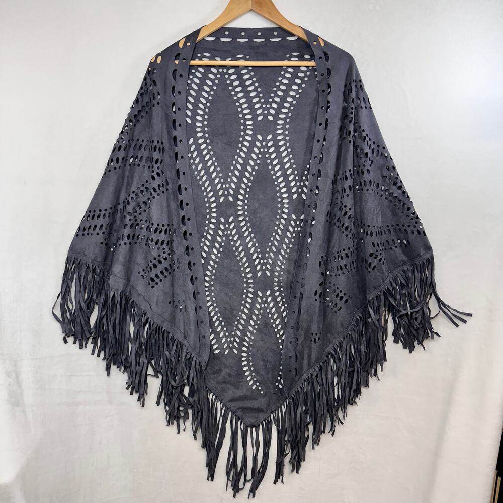 Western Gray Faux Suede Fringe Cut Out Poncho Shawl Scarf Coverup‎ Beach Cloak